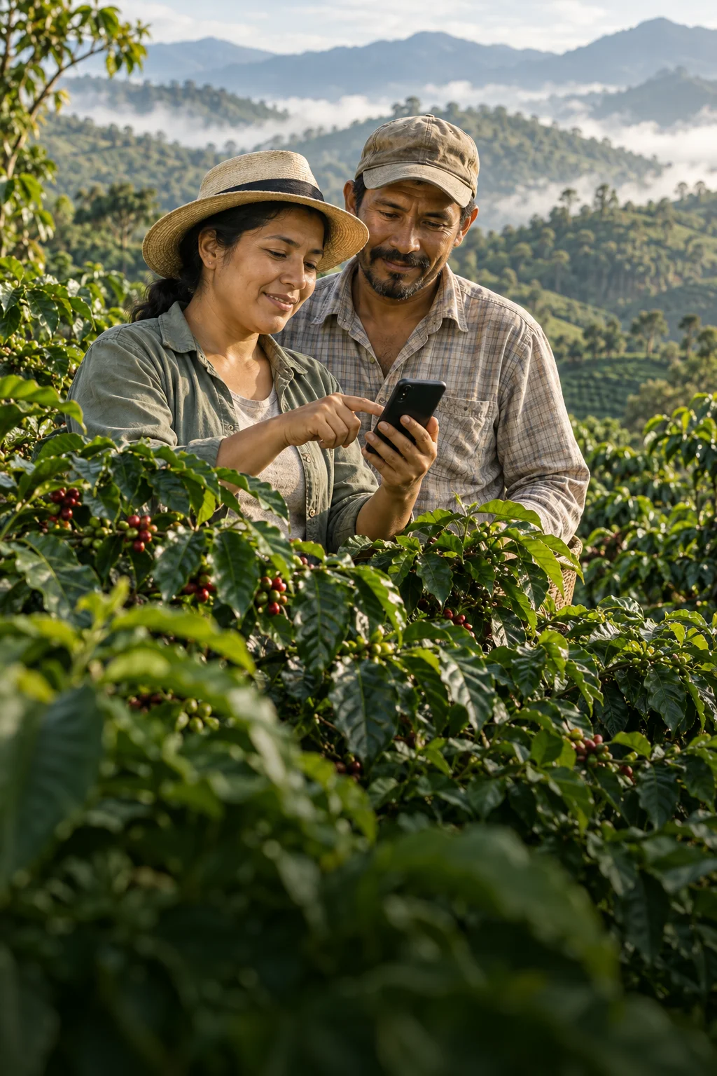 Productores de café consultan un teléfono en su finca